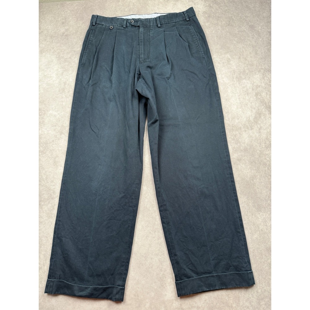 Faconnable Men Sz 35 Navy Blue Pleated Chino Pants Cotton Wide Leg Cuff Trousers